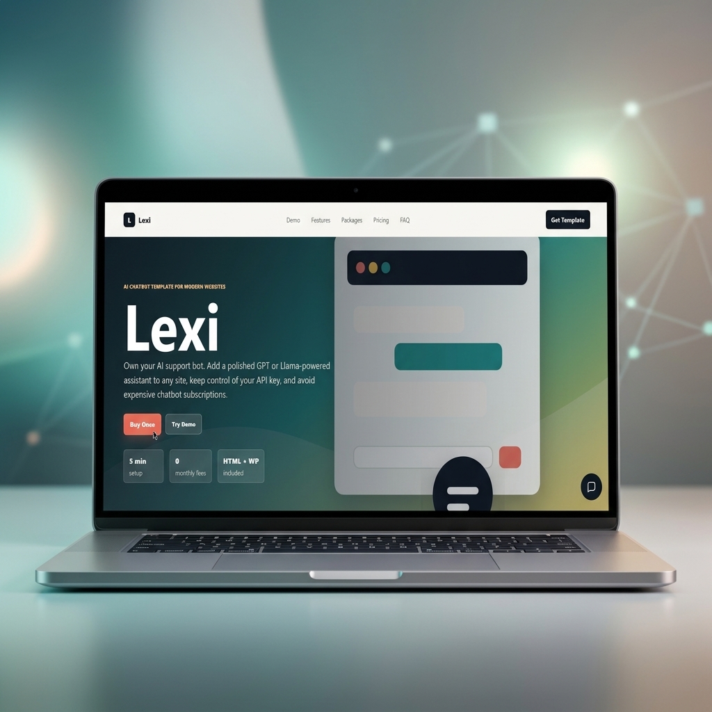 Lexi AI chatbot website template with floating support bot UI
