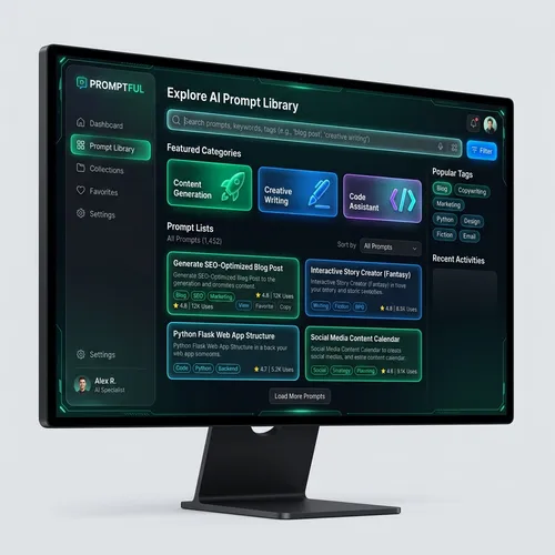 AI Prompt Library Dashboard featuring glowing sections, search bar, and interactive code prompt snippets
